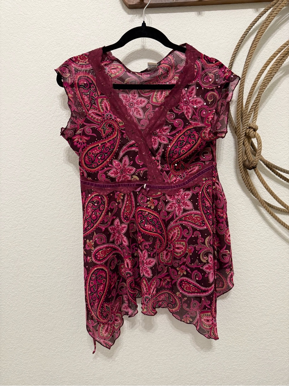 Y2K Self Esteem Sheer Mesh Paisley Handkerchief Top ✨